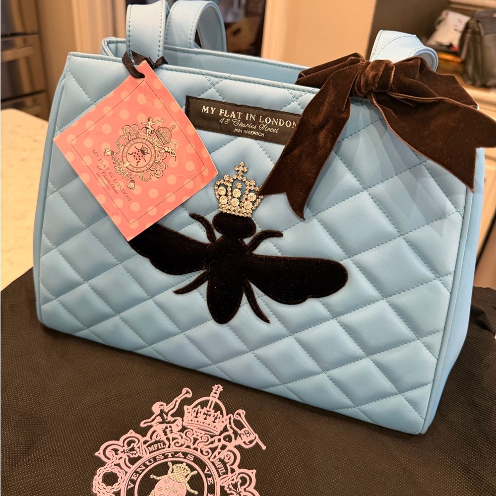 NWT My Flat in London Light Blue Quilted Blue Handbag/Tote with brown velvet bee